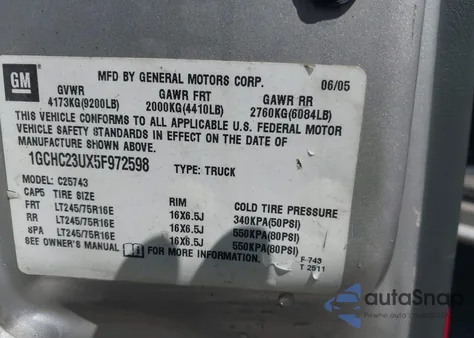 2005 Chevrolet Silverado 2500Hd Ls z USA, uszkodzony, nr VIN 1GCHC23UX5F972598